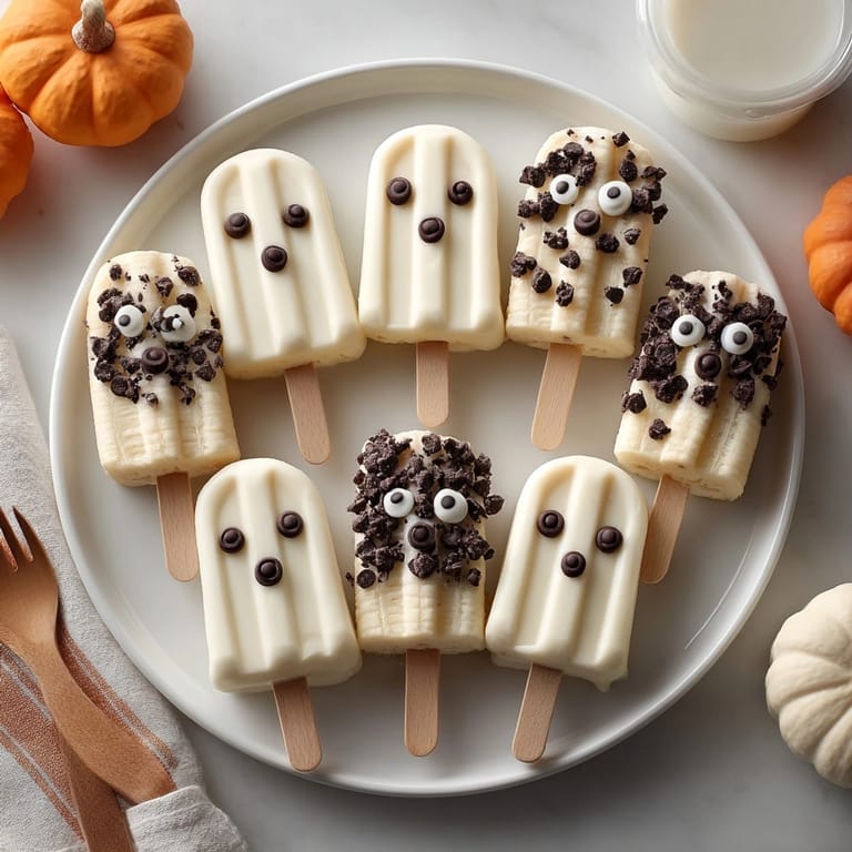 Easy Boo-nana Yogurt Ghost Pops recipe – frozen banana ghosts dipped in Greek yogurt.