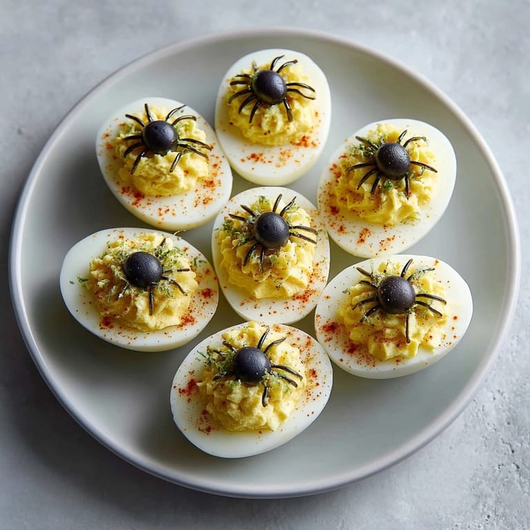 Homemade Spooky Spider Deviled Eggs, a simple appetizer with a festive, creepy twist for parties.