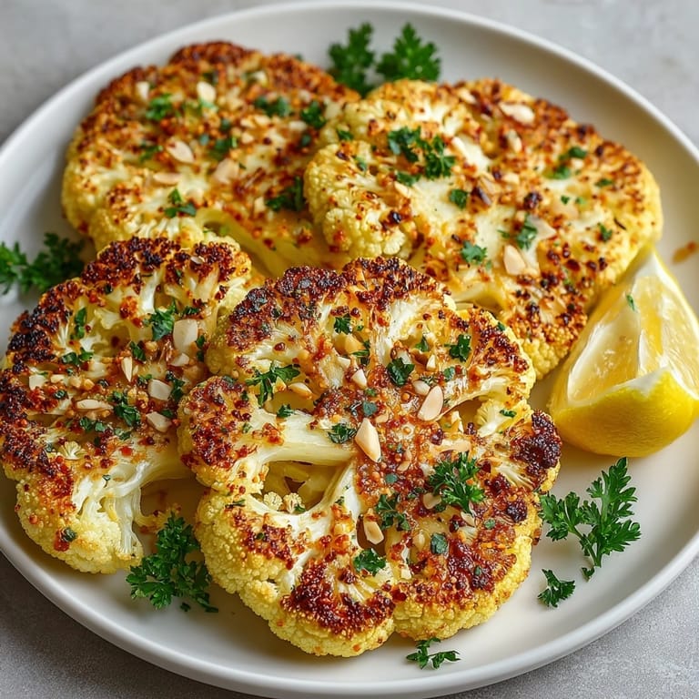 Vegan Harissa Roasted Cauliflower Steaks dish with floret pieces, aroma filling the domestic kitchen.