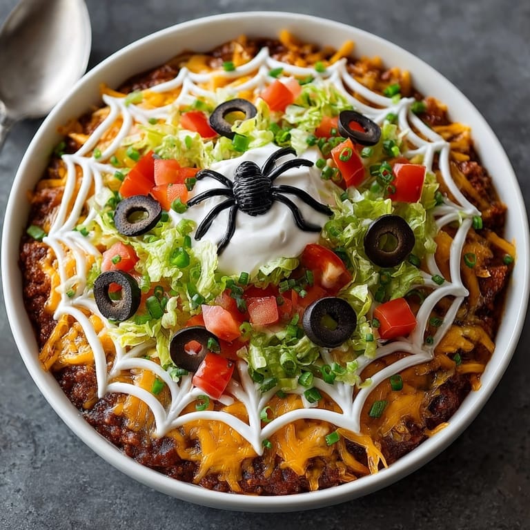 Festive Spiderweb Taco Dip recipe, vibrant colors and savory layers for Halloween snacking.