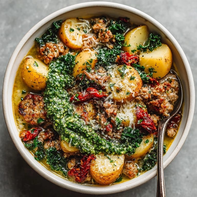 Comforting Instant Pot Pesto Zuppa Toscana: a flavorful, quick version of the classic soup.