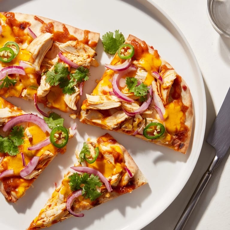 Oven baked Mango BBQ Chicken Flatbread with fresh toppings—a crispy, cheesy, savory delight.