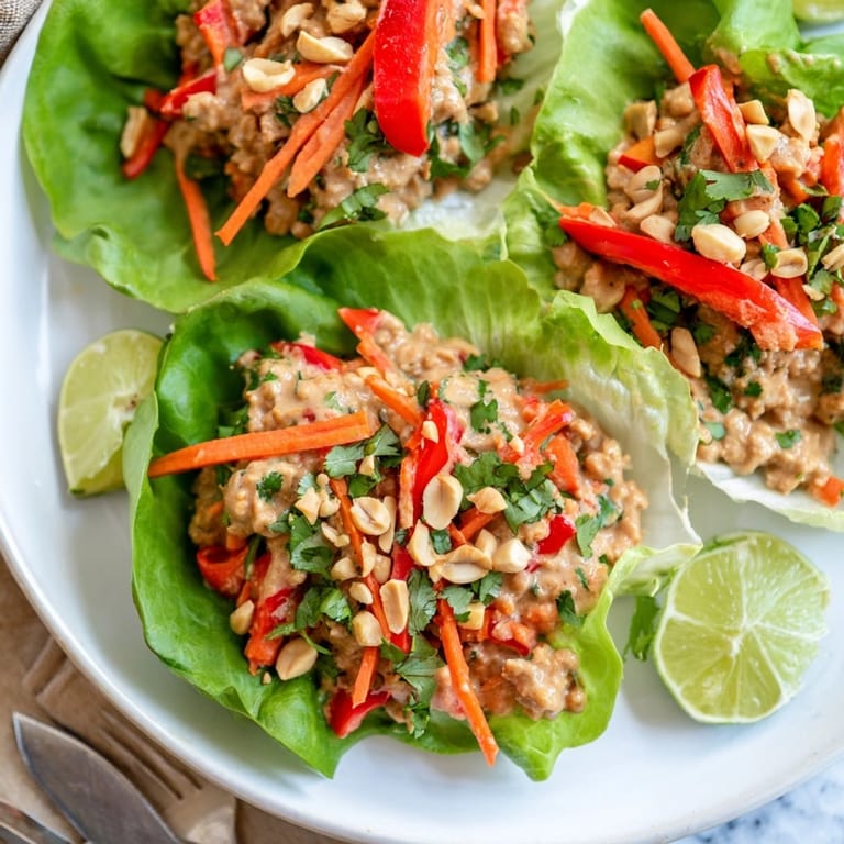Spoonfuls of savory Thai Peanut Turkey Lettuce Wraps, ready for colorful toppings to customize.