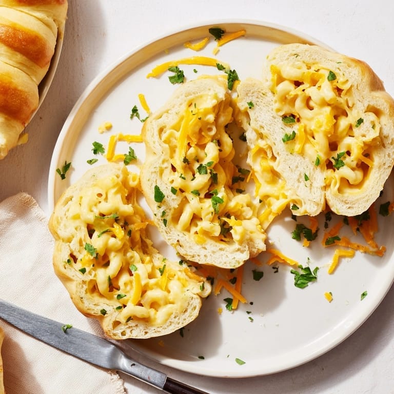 Homemade Mac and Cheese Stuffed Crescent Rings recipe, warm, sliced, and ready to serve.