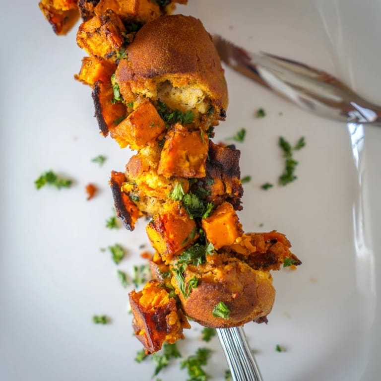 Savory sweet potato chili garlic muffin skewers ready for a delightful appetizer.  