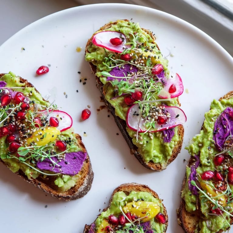 Delicious Bright & Bold Breakfast Toasts with layers of purple yam and avocado bliss.