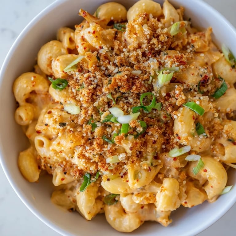 Enjoy a bowl of Spicy Kimchi Mac & Cheese, bursting with savory flavors and creamy texture.  