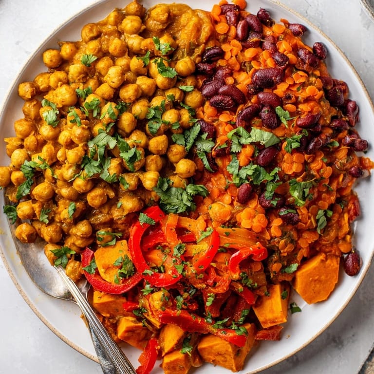 Vibrant Caribbean Sweet Potato Curry topped with parsley, ready for a warm meal.