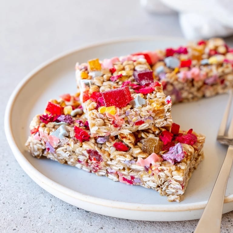 Perfectly layered DIY snack bars featuring oats, fruity gummies, and crunchy candy toppings.