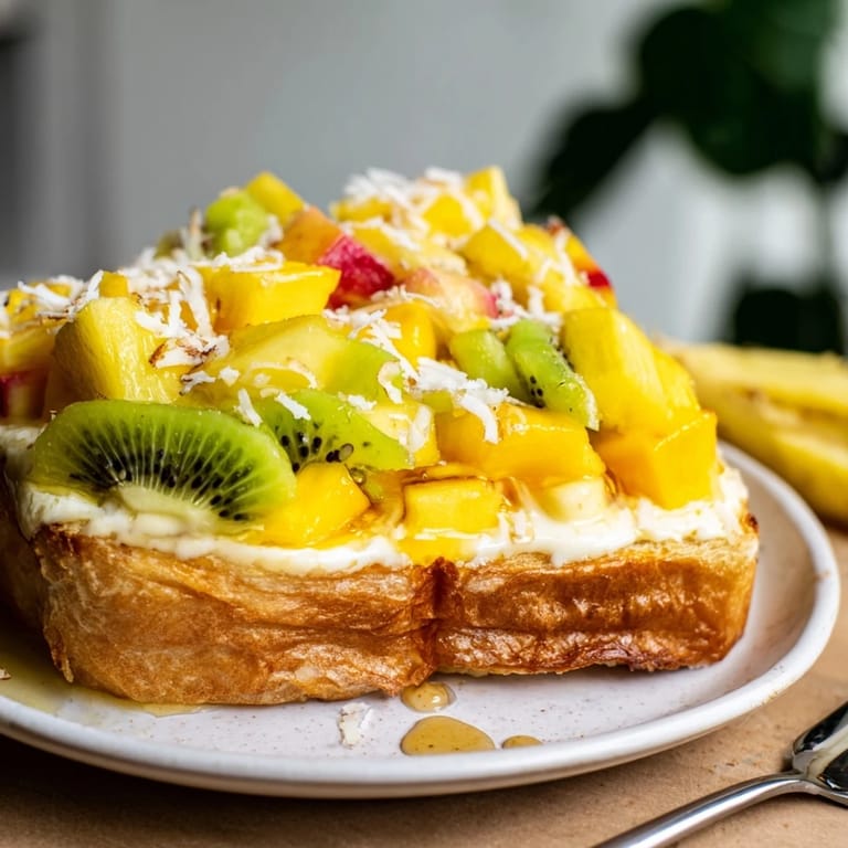 Delicious Yogurt-Custard Toast bursting with mango and kiwi for breakfast delight.  
