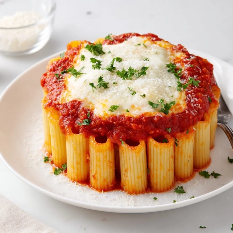 Golden-brown honeycomb pasta cake served on a rustic wooden table, invitingly cheesy.  