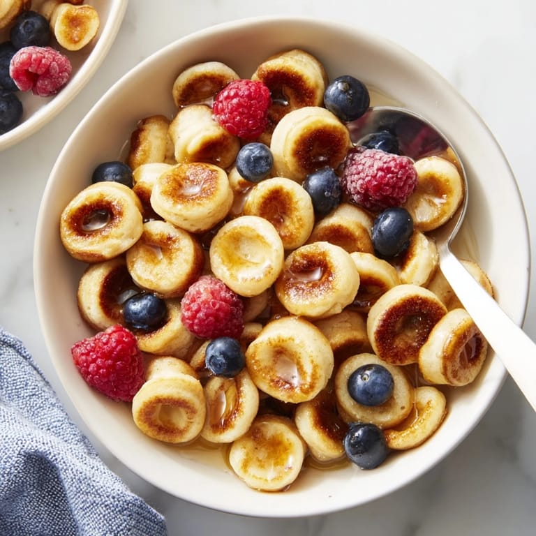 Bite-sized pancakes served in a bowl, perfect with milk or fruit toppings.