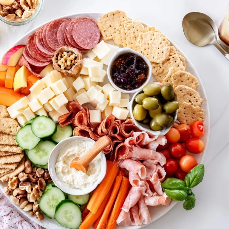 Customizable Girl Dinner Platter artfully arranged with savory meats, fruits, and dips.