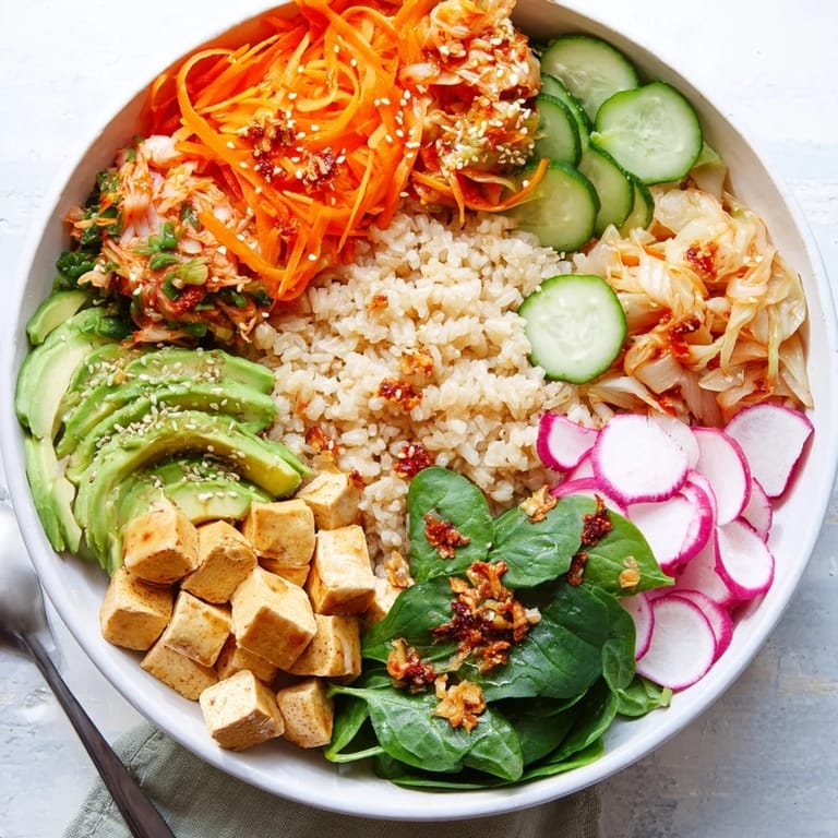 Deliciously layered Fermented Vegetable Bowl with tangy kimchi and vibrant seasonal produce.  