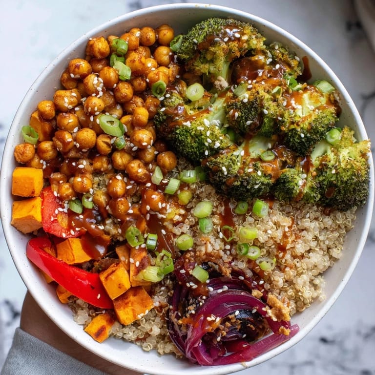 Colorful grain bowls featuring miso-butter and gochujang-maple sauces for delightful flavor.  