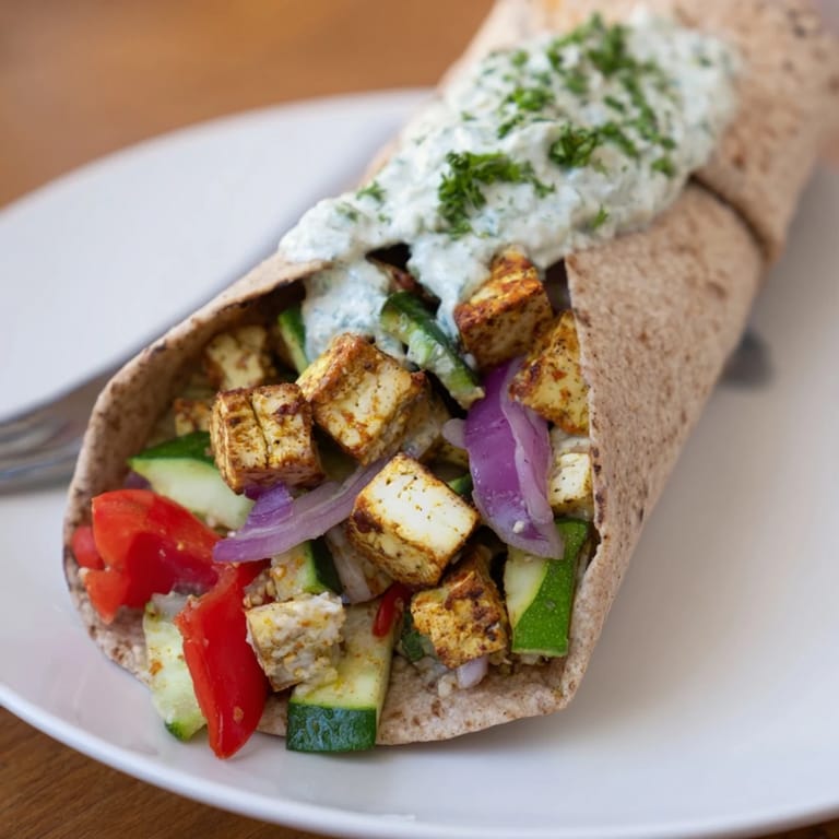 Colorful vegan wrap filled with roasted tofu, vegetables, and creamy tahini-yogurt sauce.