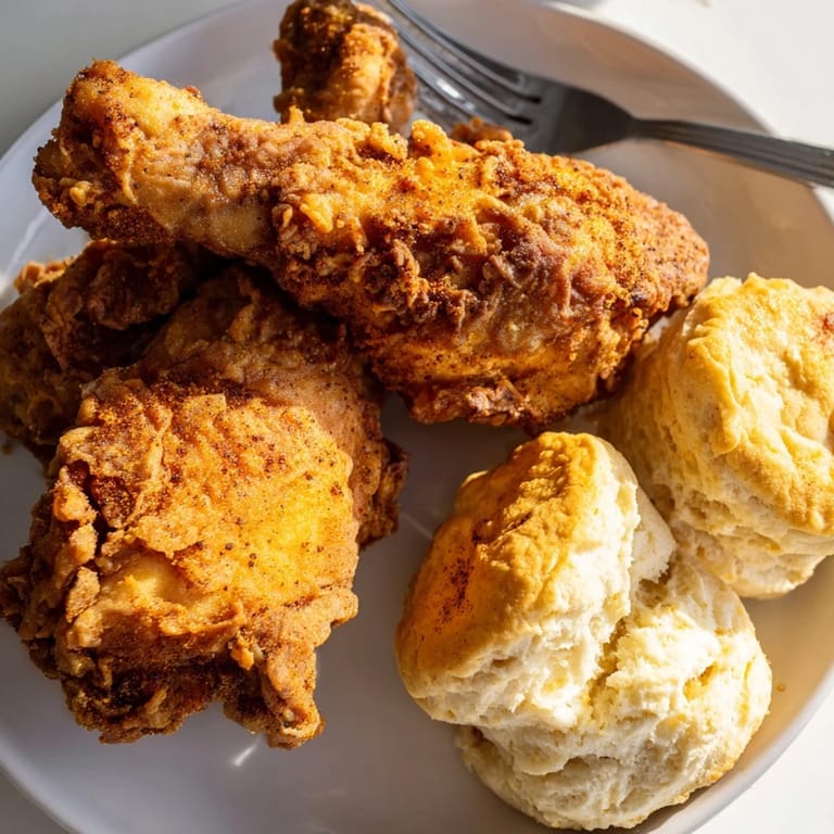 Savory Southern fried chicken and buttery buttermilk biscuits create a delicious family feast.