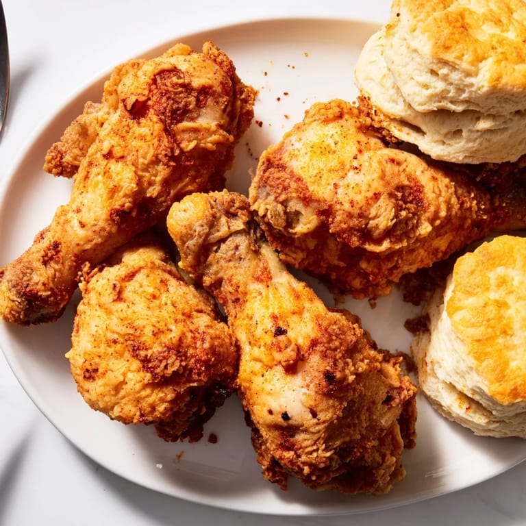 Golden brown Southern fried chicken with fresh, warm buttermilk biscuits for a comforting meal.  