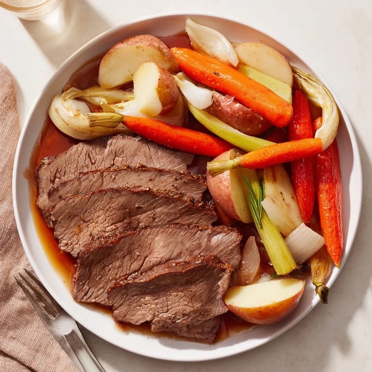 Juicy Sunday Pot Roast resting on a platter, complemented by golden roasted root vegetables.