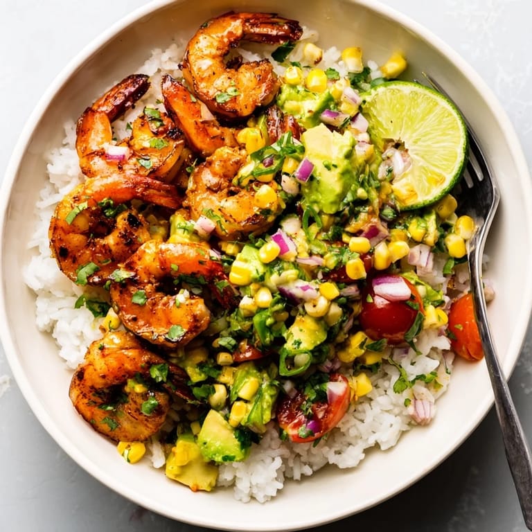 A vibrant easy grilled shrimp bowl bursting with flavors and fresh ingredients.  
