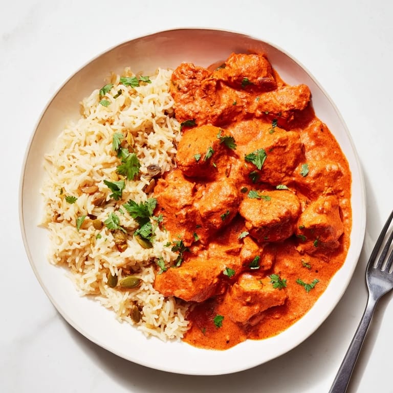 A savory plate of butter chicken, garnished with cilantro beside fluffy basmati rice.  