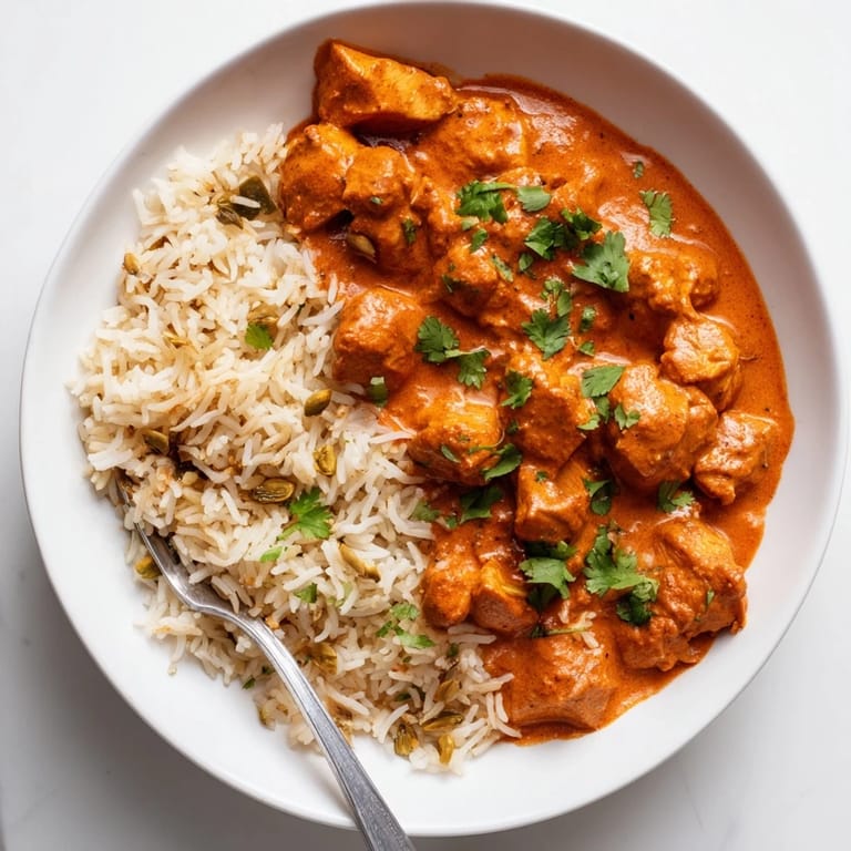 Rich butter chicken paired with aromatic rice pilaf, perfect for a comforting dinner.