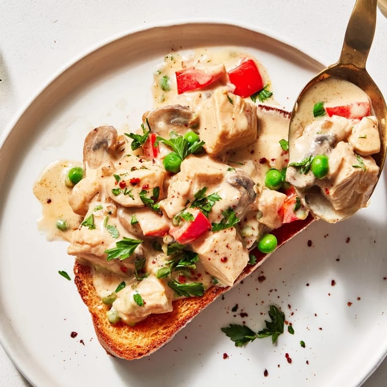 Chicken à la king with tender veggies and crispy toast, perfect for brunch.  