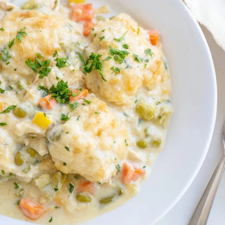 Savory Chicken and Dumplings Casserole topped with fluffy dumplings and fresh parsley.  
