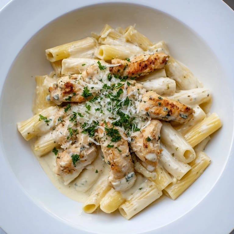 Delicious bite-sized chicken pieces in the flavorful Creamy Garlic Parmesan Chicken Rigatoni dish.