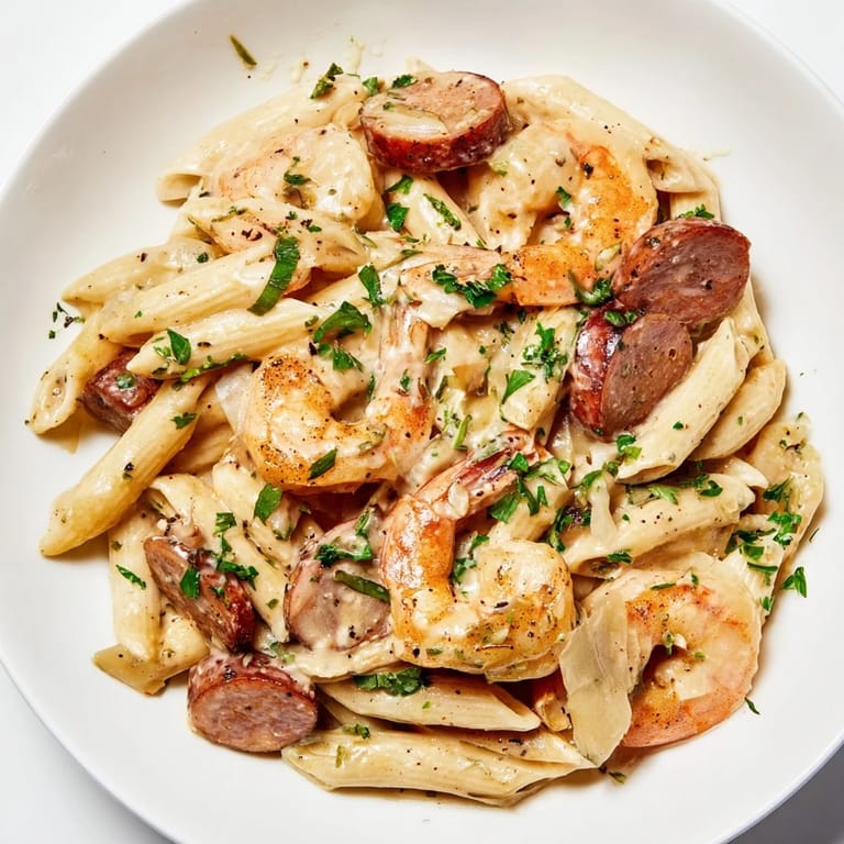 The delectable Cajun Sausage & Shrimp Alfredo Pasta Skillet with perfectly cooked pasta coated in a savory sauce.