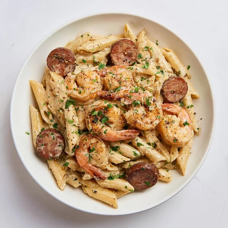 A vibrant view of Cajun Sausage & Shrimp Alfredo Pasta Skillet, garnished with fresh parsley and ready to serve.