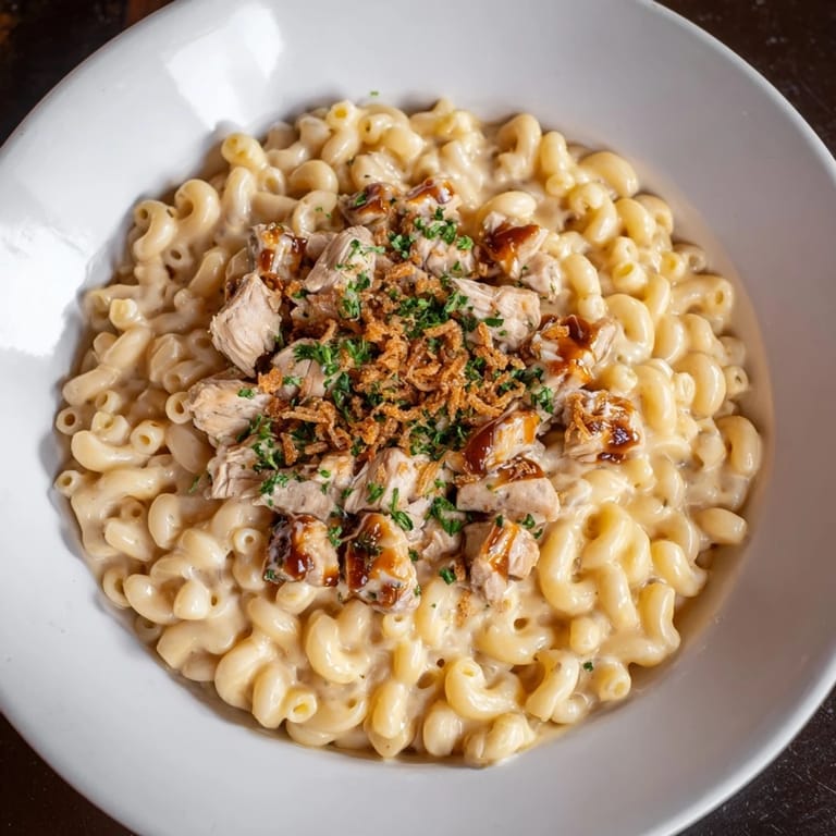 A bubbling skillet of One-Pot Honey BBQ Chicken Mac and Cheese, featuring tender chicken and rich cheesy sauce.