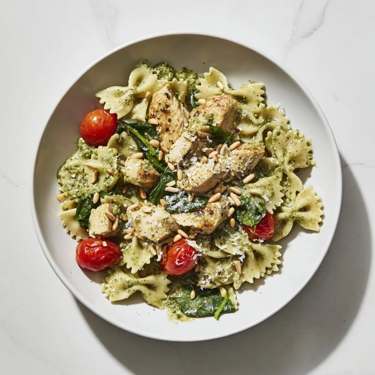 Enjoy a steaming bowl of Pesto Chicken Bowtie Pasta with cherry tomatoes, ready for a flavorful dinner.