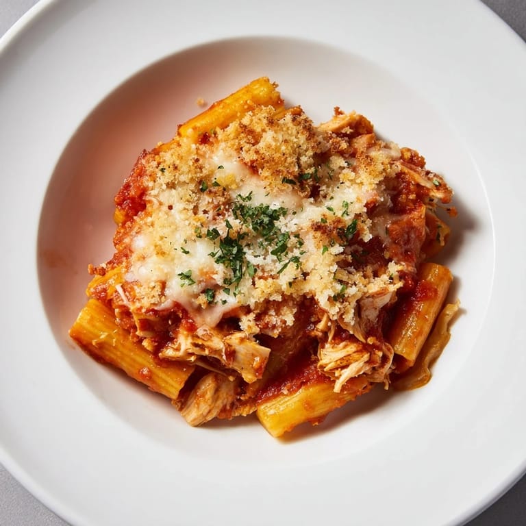 A close-up of a casserole filled with Baked Chicken Parmesan Pasta, ready to serve with fresh basil.
