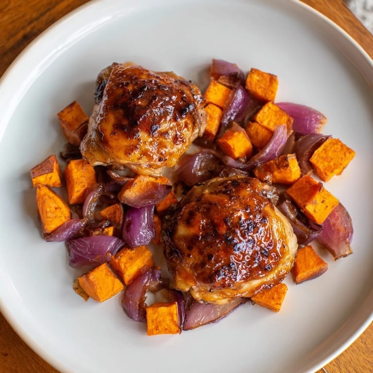 Juicy chicken thighs and roasted sweet potatoes glistening with maple glaze, ready to eat!