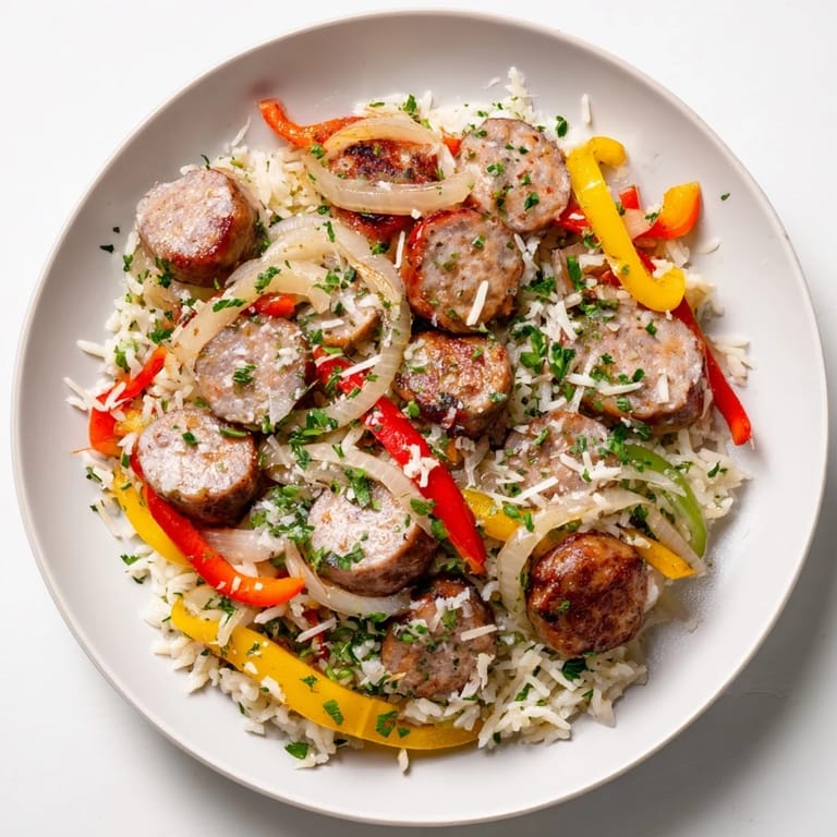 A close-up of a delicious and comforting Italian Sausage & Peppers Rice Plate, ready to eat.
