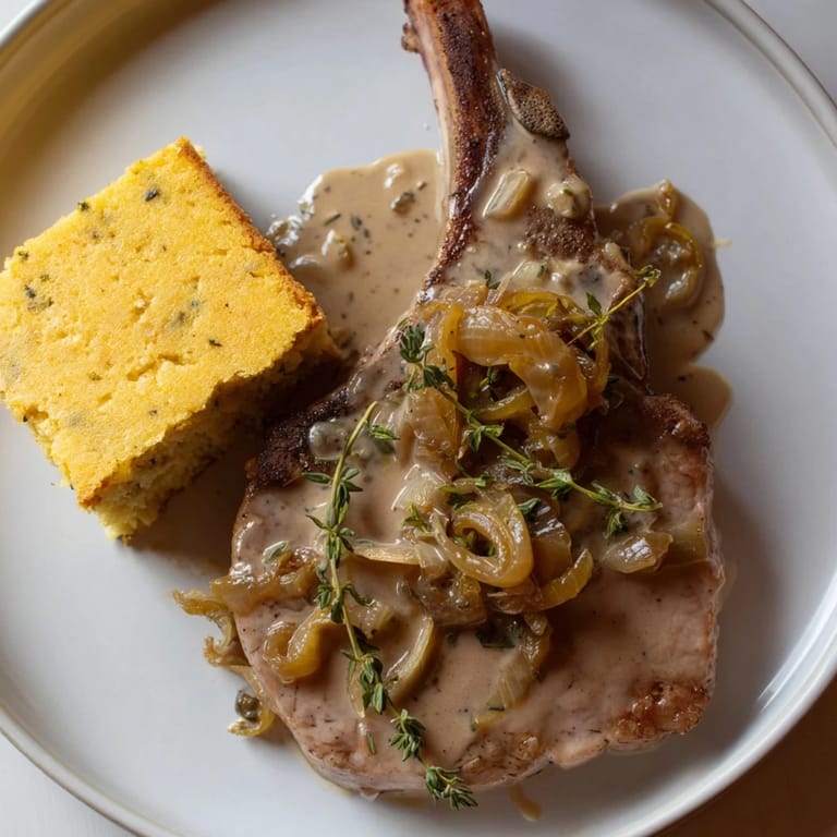 Tender smothered pork chops and cornbread picture, showcasing a comforting Southern meal with savory gravy.