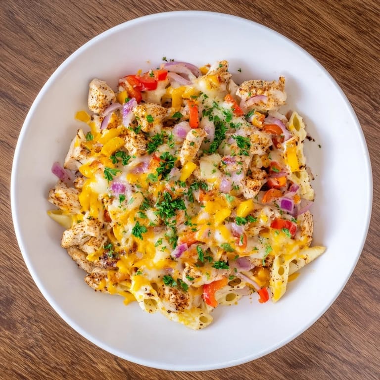 A hearty, cheesy Cajun Chicken Pasta Bake with a rich creamy sauce and vibrant bell peppers.