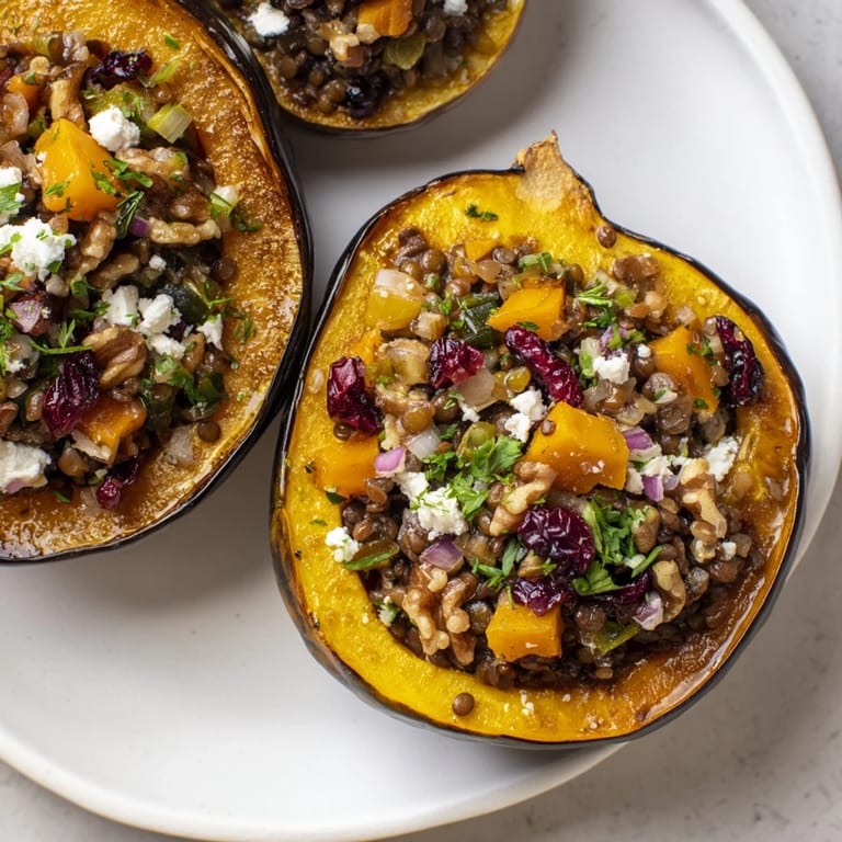 Golden-brown lentil & walnut stuffed acorn squash, a gluten-free dish perfect for fall dinners.
