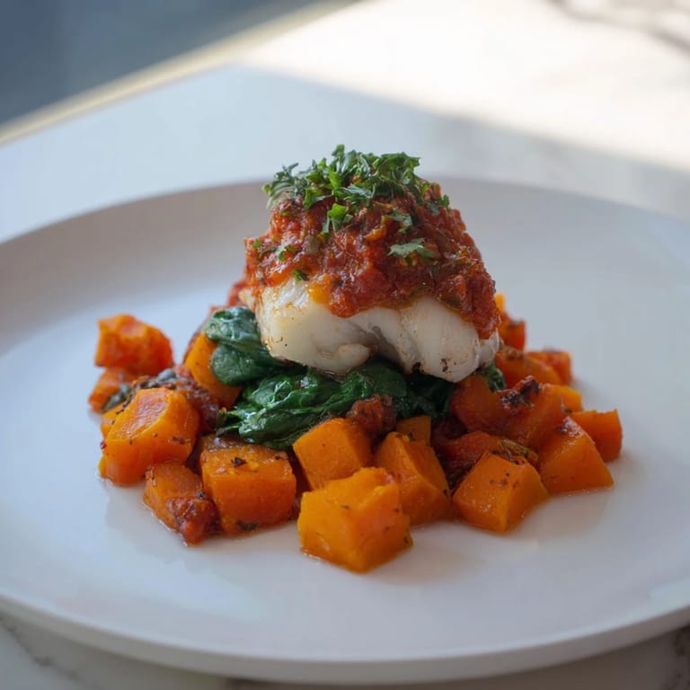 Tender, flaky Baked Cod with colorful roasted butternut squash and a flavorful sauce.