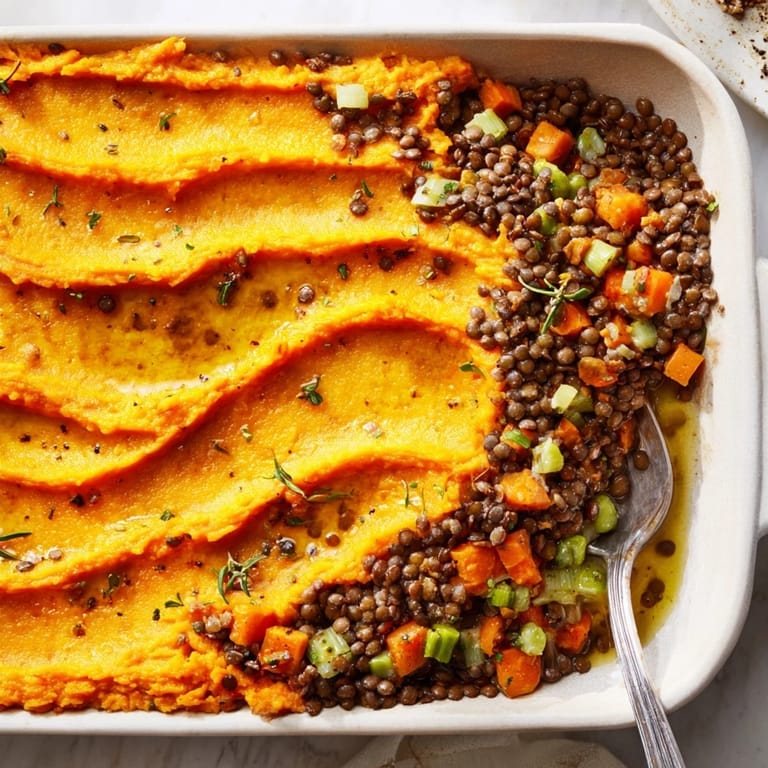A hearty serving of Veggie Shepherd's Pie overflowing with a creamy sweet potato topping.