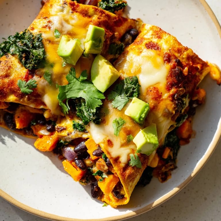 Warm, hearty sweet potato, black bean & kale enchiladas, ready to serve with fresh cilantro and creamy toppings.