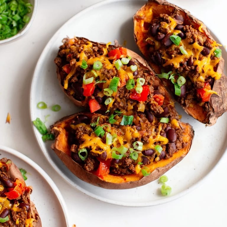 A close-up of a loaded baked sweet potato stuffed with chili, showing hearty textures and cheese.