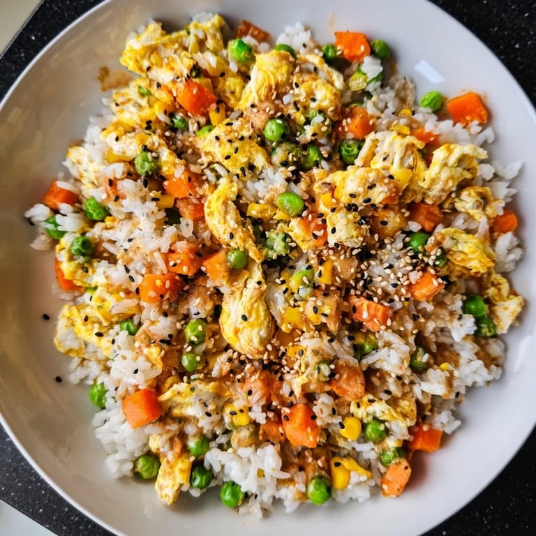 This colorful image shows a delicious bowl of homemade Frozen Veggie Fried Rice garnished with green onions.