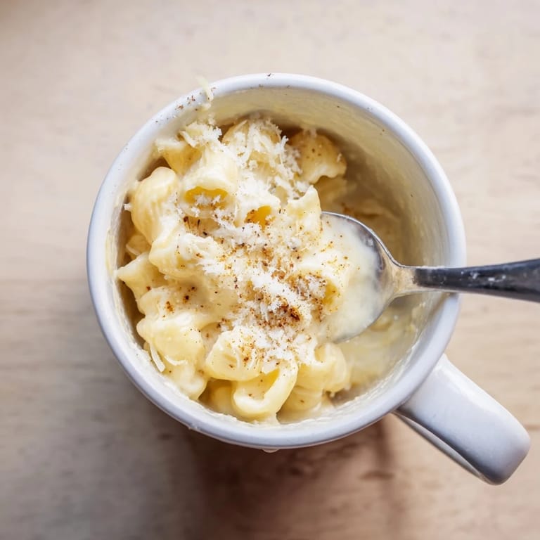 Bright yellow mug mac & cheese with melted cheese and creamy sauce, perfect for busy weeknights.