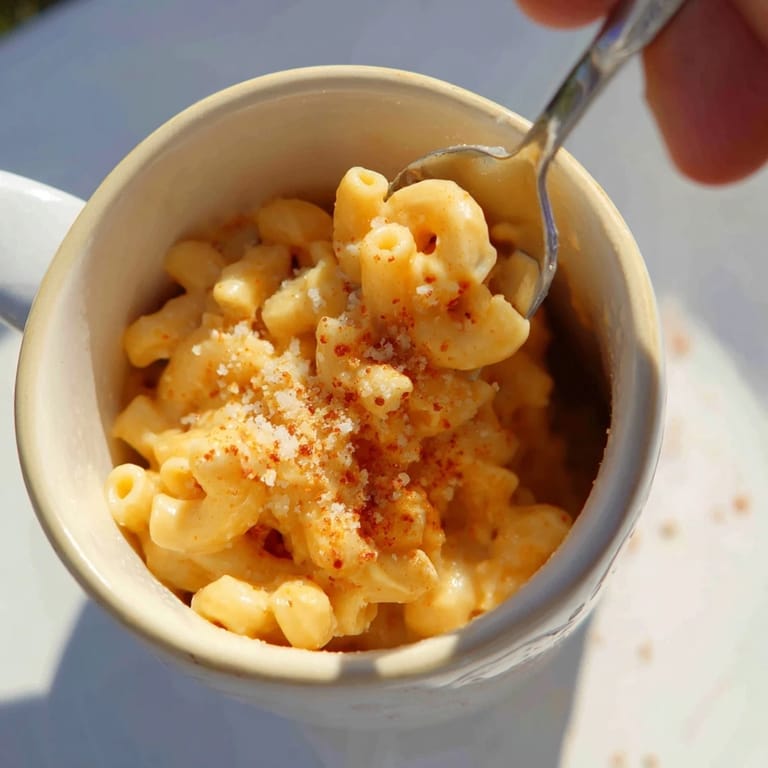 A close-up of a single-serve mug mac & cheese, ideal for a quick, comforting lunch.