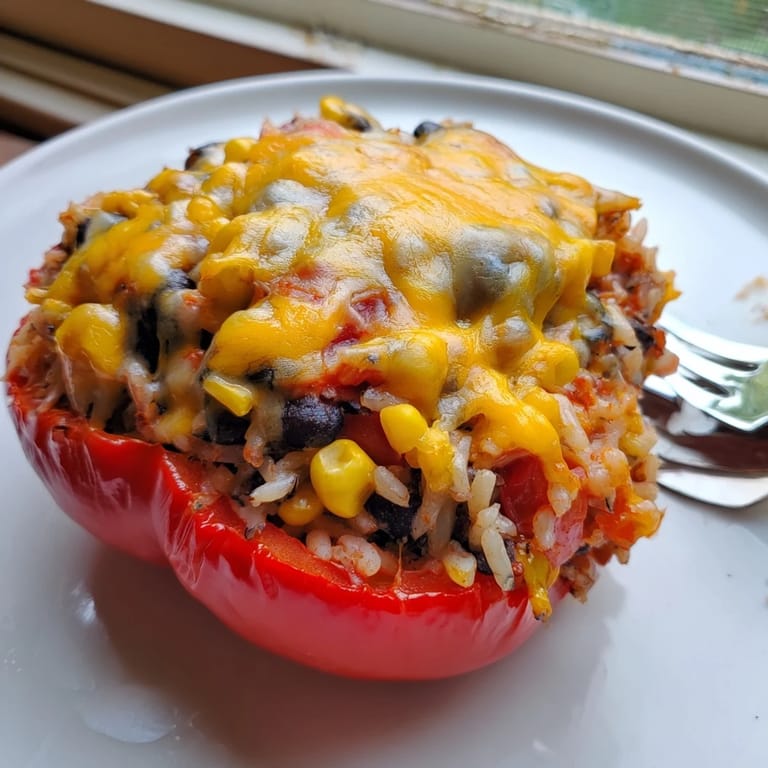 Delicious, colorful Stuffed Bell Peppers, a satisfying meal with melted cheese and fresh herbs on top.