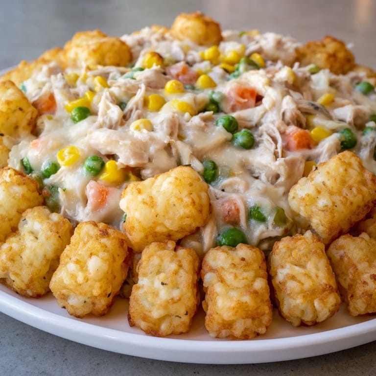 Warm, savory tater tot chicken pot pie bubbling in an oven-safe dish, ready to eat.