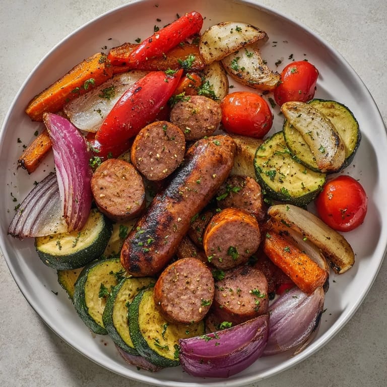 Vibrant sheet-pan roasted veggies and sausage, featuring tender roasted vegetables with savory sausage.