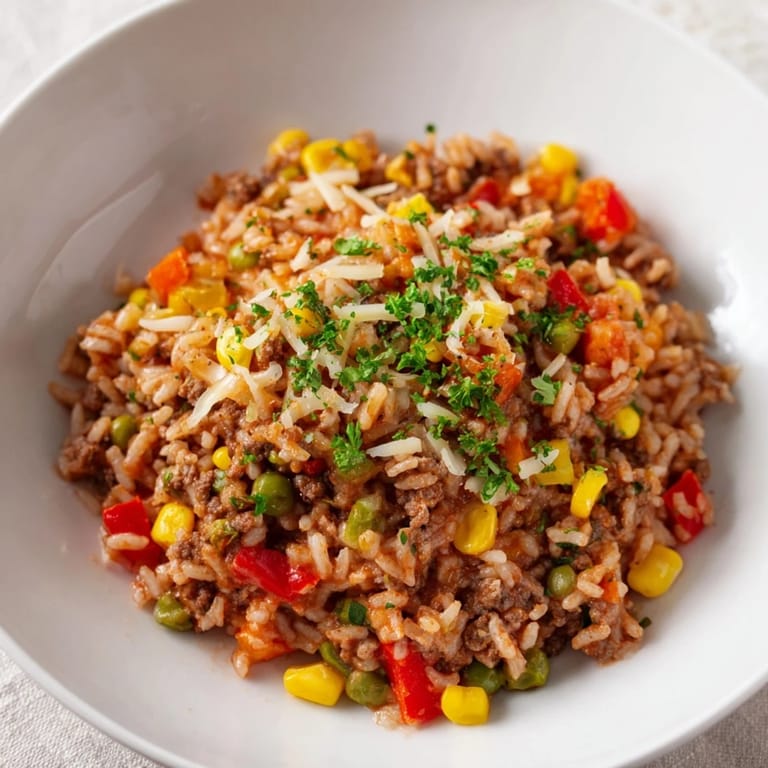 A flavorful Ground Beef Skillet, showcasing browned meat, colorful peppers, and perfectly cooked rice ready to serve.